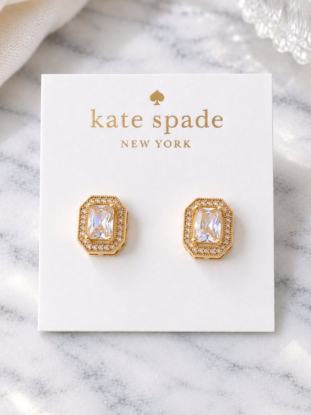 Kate Spade 18K Gold Crystal Emerald Cut Halo Stud Earrings Statement Jewelry